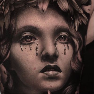 Silver tears by Thomas Carli Jarlier #ThomasCarliJarlier #realism #realistic #hyperrealism #blackandgrey #portrait #lady #eyes #tears #hair #lips #face #tattoooftheday