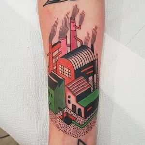 Factory tattoo by Rion #Rion #architecturetattoos #color #linework #newtraditional #dotwork #buildings #factory #industrial #smoke #tattoooftheday