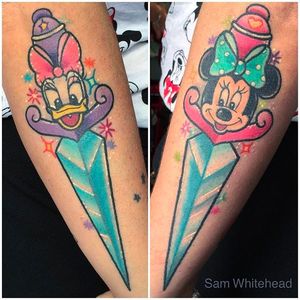 Cool Daisy and Minnie Disney Daggers Tattoo by Sam Whitehead @Samwhiteheadtattoos #Samwhiteheadtattoos #Colorful #Girly #Girlytattoo #Neotraditional #Blindeyetattoocompany #Leeds #UK #daisyduck #minniemouse #disney #disneytattoo #dagger