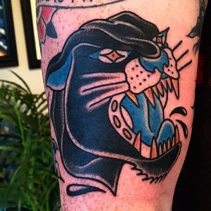 Panther Head Tattoo by Vinny Morris #panther #pantherhead #traditionalpanther #traditional #traditionaltattoo #traditionaltattoos #traditionalartist #besttraditional #VinnyMorris