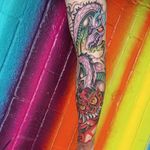 Paes 164's neo-traditional take on classic iconography from Irezumi. #colorful #dragon #neotraditional #oni #Paes164