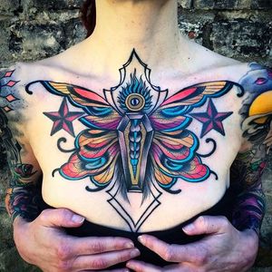 Beautiful chest tattoo done by Elin Lowen. #ElinLowen #neotraditional #colortattoo #chesttattoo #chestpiece