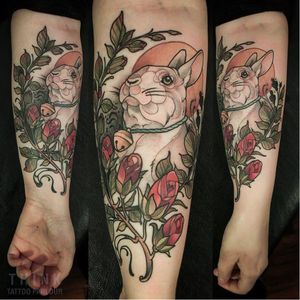 Rabbit tattoo by Santi Bord #SantiBord #neotraditional #floral #rabbit #bunny