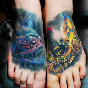 Angler fish and blue ring octopus feet tattoos by Justin Buduo. #realism #colorrealism #JustinBuduo #fish #anglerfish #octopus #blueringedoctopus