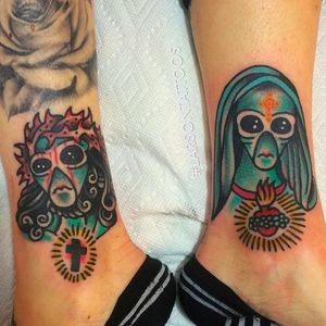 Alien Jesus and Mary Tattoo by Jon Larson @LarsonTattoos111 #JonLarson #LarsonTattoos #Neotraditional #Bright #Bold #Alien #UFO #Extraterrestrial #Jesus #Mary