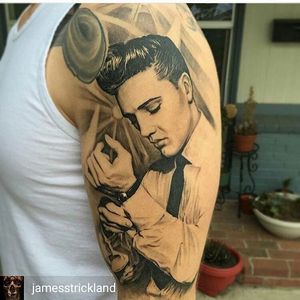 Black and grey Elvis tattoo by James Strickland. #realism #portrait #blackandgrey #Elvis #ElvisPresley #JamesStrickland