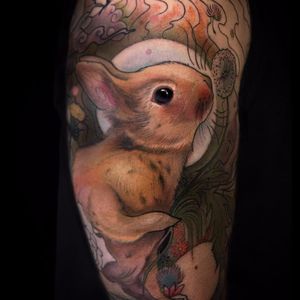 Soft little bunny by Aimee Cornwell #AimeeCornwell #realism #realistic #color #illustrative #rabbit #bunny #nature #dandelion #flowers #forest #landscape #tattoooftheday