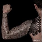 Geometric sleeve. (via IG - lewisink) #geometric #blackwork #pointillism #dotwork #sleeve #lewisink