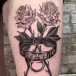 Rose tattoo by Tamara Santibanez #TamaraSantibanez #rosetattoo #blackandgrey #illustrative #oldschool #chicano #rose #flower #floral #leaves #plant #choker #bdsm #collar #jewelry