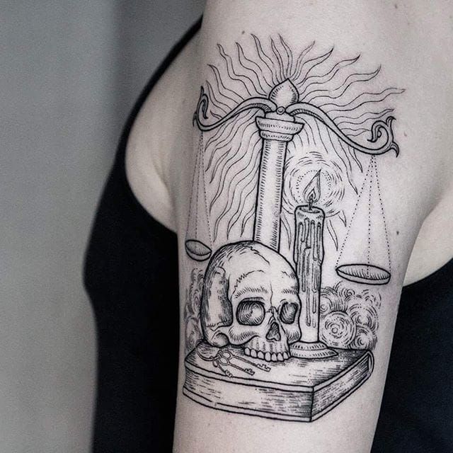 Tattoo uploaded by Xavier • Dark arts tattoo by Uls Metzger. #UlsMetzger  #vintage #blackwork #skull #candle #scale #book • Tattoodo