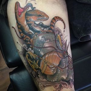 Lizards competing in a snail chariot race. Tattoo by Jasmin Austin. #neotraditional #reptile #lizard #snail #chariot #JasminAustin