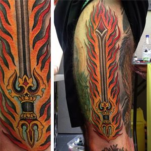 Fudo Sword Tattoo by Matt Beckerich #fudosword #swordoffudo #fudo #fudomyoo #fudomyoosword #japanese #buddhist #flames #MattBeckerich