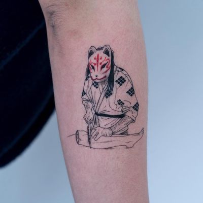 Kitsune Yokai tattoo by Oozy #Oozy #yokaitattoos #fineline #illustrative #kitsune #leg #horror #knife #mask #yokai #ghost #demon #spirit #folklore #legend #spooky #possessed #creature #surreal #weird