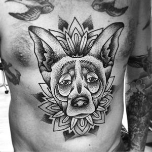 Dotwork German Shepherd and mandala tattoo by Blakey Tattooer. #dotwork #blackwork #dog #germanshepherd #mandala #BlakeyTattooer
