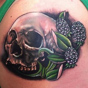 Sometimes a little darker. Skull and blackberry tattoo by Johnny Smith. #fruit #blackberry #berry #skull #neotraditional #realism #JohnnySmith