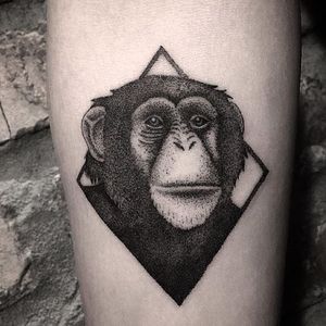 Dotwork tattoo by Kim HeyMin. #KimHeyMin #dotwork #fine #pointillism #primate #ape #chimpanzee