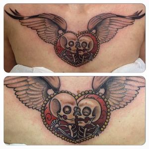 Romantic tattoo by Elie Hammond #ElieHammond #newschool #wings #skull #heart #love