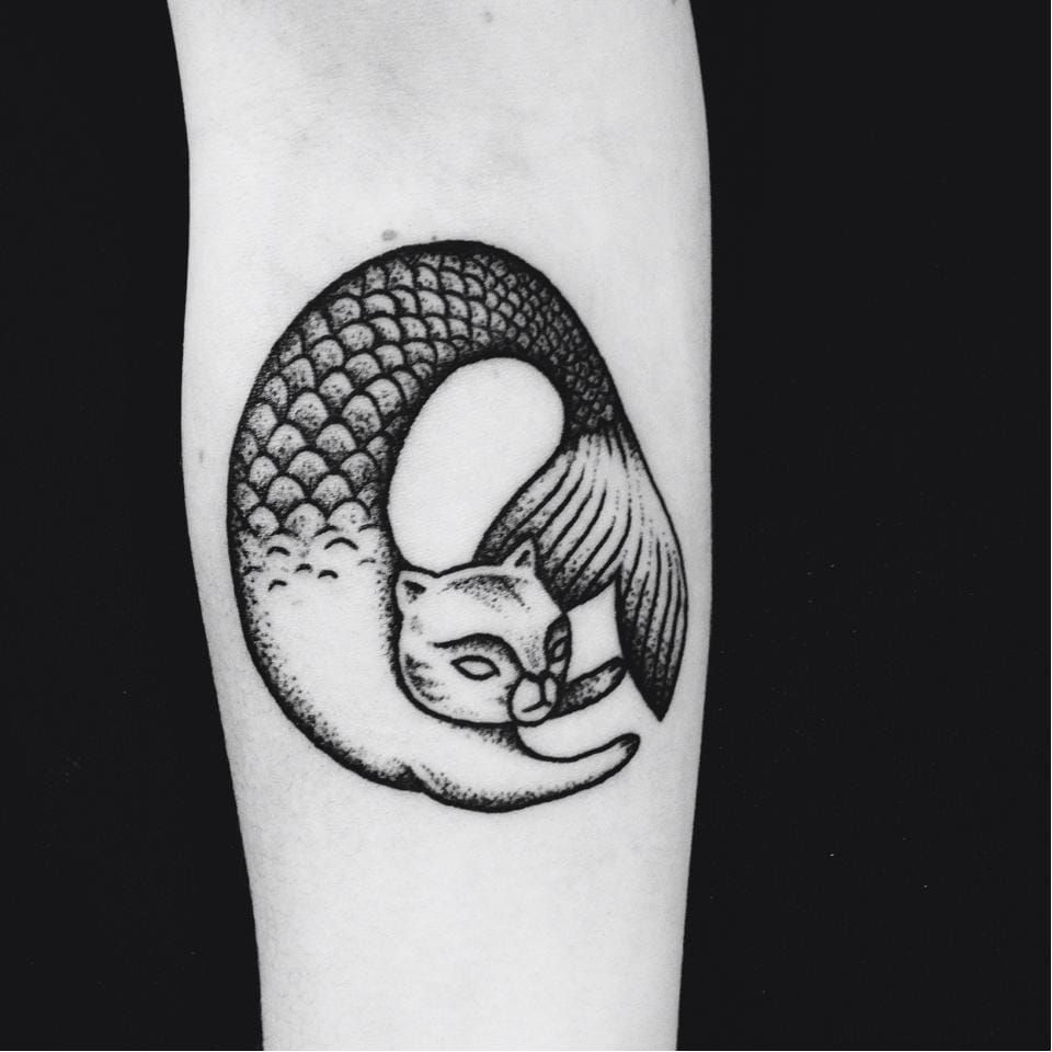 Tattoo uploaded by JenTheRipper  Mermaid cat tattoo by Lydia Marier  LydiaMarier minimalistic blackwork traditional mermaid cat  Tattoodo