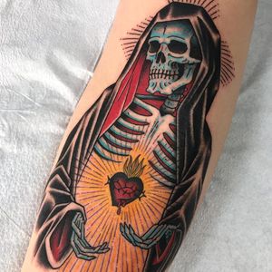 Virgin Mary Sacred Heart tattoo by Death Cloak #DeathCloak #hearttattoos #traditional #sacredheart #heart #fire #skeleton #virginmary #light #thorns #blood #death #skull