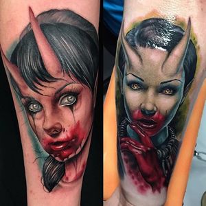 Horned women tattoo. #JustinHarris #neotraditional #sinister #horned #woman