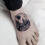 Cityscape tattoo by Eugene aka Dusty Past #Eugene #DustyPast #architecturetattoos #blackwork #linework #building #bridge #sky #sun #moon #water #sea #spire #castle #cityscape #tattoooftheday