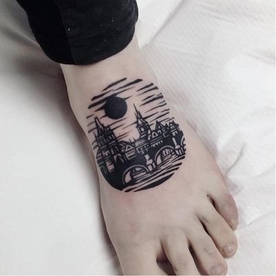 Cityscape tattoo by Eugene aka Dusty Past #Eugene #DustyPast #architecturetattoos #blackwork #linework #building #bridge #sky #sun #moon #water #sea #spire #castle #cityscape #tattoooftheday