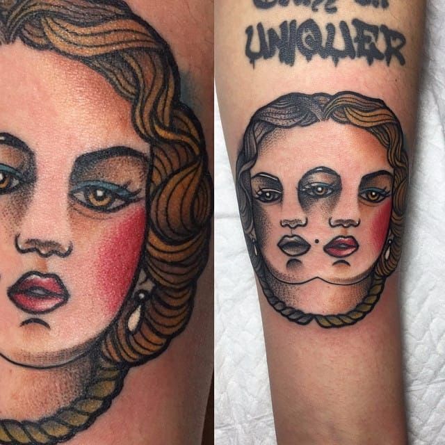 Two-faced woman tattoo by Mico. #alternative #traditionalamerican #mico #so...