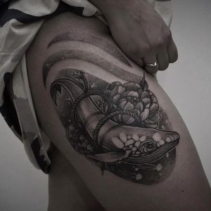 Poetic whale tattoo by Taras Shtanko #TarasShtanko #dotwork #nature #whale #flower