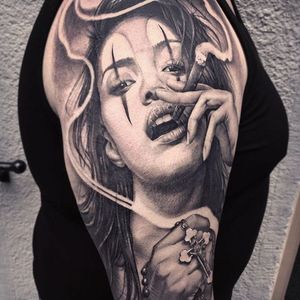 Smoking Girl Tattoo by Andy Blanco #blackandgrey #blackandgreytattoo #blackandgreytattoos #realism #realismtattoo #AndyBlanco #smokinggirl #woman #portrait #smoke #smoking