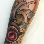 Snail friend, by Roger Mares (via IG—mares_tattooist) #RogerMares #Animals #Neotraditional #Color