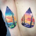 Matching Sunset Watercolor Tattoos by Martyna Popiel @Martyna_Popiel #MartynaPopiel #Watercolor #Watercolortattoo #scenetattoo #scenery