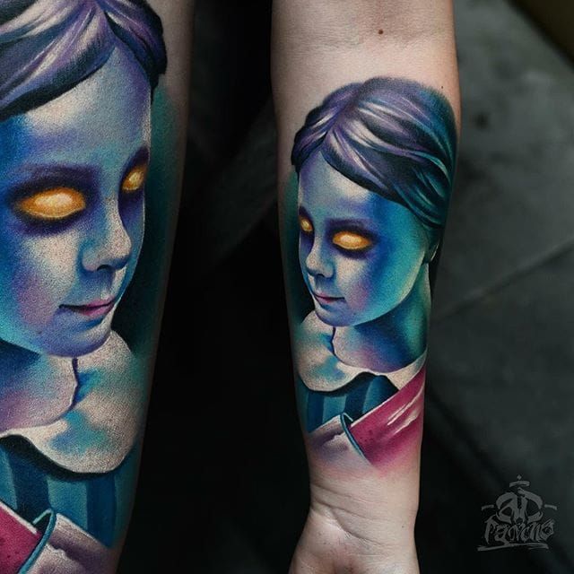 Tatuaje Chica Espeluznante por Alex Pancho #realism #colorrealism #realistic tattoo #abstractrealism #realistic tattoos #AlexPancho