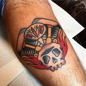 Engine Skull Tattoo by Scott Moss #engine #mechanical #traditional #ScottMoss