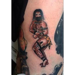 Big boy pin up tattoo by Jamie August. #JamieAugust #pinup #bigboypinup #man #pinupman #jungleman #trad #traditional #traditionalamerican
