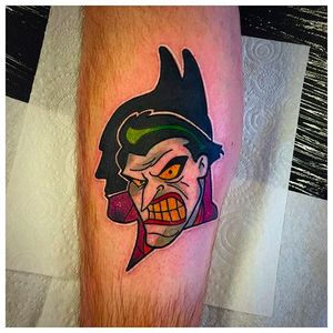 Batman and Joker Tattoo by Matt Daniels @Stickypop #MattDaniels #Stickypop #Neotraditional #Cartoon #CartoonTattoo #Manchester #Batman #Joker