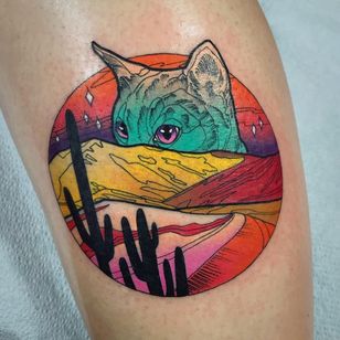Desert kitty tattoo by Katie Shocrylas #KatieShocrylas #landscapetattoo #color #newtraditional #landscape #desert #sand #mountains #cacti #cactus #kitty #cat #petportrait #stars