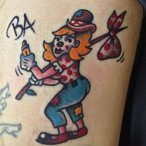 Hobo Clown girl Tattoo by Pancho #PanchosPlacas #Oldschool #Traditional #Clowntattoo #clown #hoboclown #clowngirl