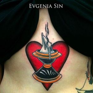 Clean and vibrant candle holder and heart. Tattoo by Evgenia Sin. #EvgeniaSin #neotraditional #coloredtattoo #candle #heart