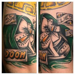 Doctor Doom Tattoo, artist unknown #DoctorDoom #VillainTattoo #MarvelTattoo #FantasticFour #ComicTattoos