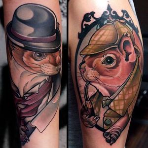 And finally the most infamous pair of Victorian crime fighting sleuths Sherlock Holmes and Dr.Watson...as squirrels NICE! Tattoo by Marco Schmidgunst #steampunk #victorian #scifi #vintage #futuristic #SherlockHolmes #DrWatson #squirrel #MarcoSchmidgunst