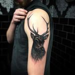 Deer tattoo by Jake Symmonds #stag #deer #shoulder #blackwork #dark #JakeSymmonds