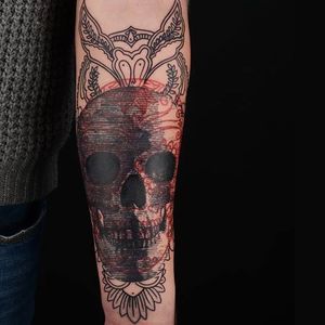 Tattoo by Xoil #redink #skull #graphic #grey #lines #Xoil