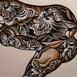 Awesome felid-themed tattoo design by Samuele Briganti (IG—samuelebriganti). #bigcats #bold #busts #fineart #fierce #SamueleBriganti #traditional