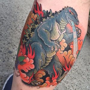 Godzilla tattoo by Mike Nomy. #Godzilla #japanese #monster #movie #mikenomy