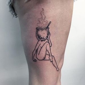 Literal pothead pin up lady tattoo by Molly Jean. #MollyJean #blackwork #pinup #lady #headless #pothead #pot #cooking