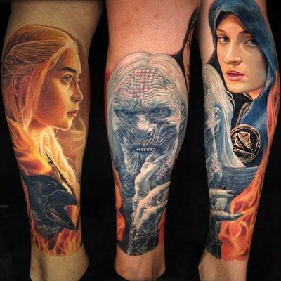 Game of Thrones Daenerys Targaryen, Sansa Stark, and White Walker sleeve by Carlos Rojas #CarlosRojas #color #realism #portrait #gameofthrones #got #sansastark #valarmorghulis #daenerystargaryen #whitewalker #winteriscoming #tattoooftheday