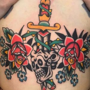 Life and Death Intertwined by Nicholas Paine #NicholasPaine #traditional #color #knife #sword #skull #thorns #roses #daisy #flowers #floral #leaves #nature #death #tattoooftheday