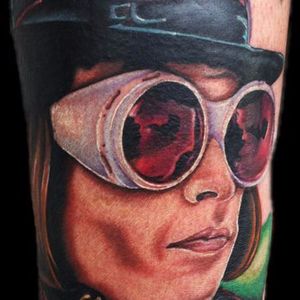 Great piece of an iconic look of Johnny Depp as Wonka. Tattoo by Justin Mariani #WillyWonka #RoaldDahl #chocolate #movie #retro #childhood
