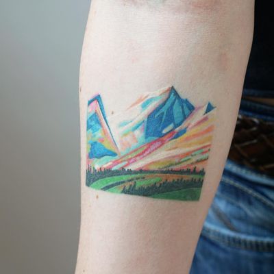 Watercolor mountain tattoo by Jess Chen #JessChen #landscapetattoo #watercolor #color #mountains #landscape #land #forest