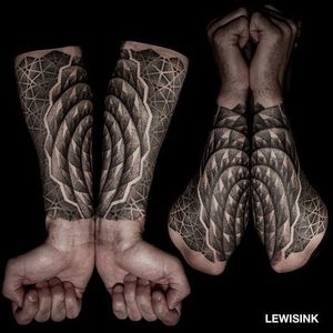 Matching forearm half-sleeves. (via IG - lewisink) #geometric #blackwork #pointillism #dotwork #halfsleeve #lewisink